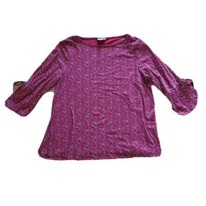 J Jill Top Shirt Womens Large Petite Red Black Vines Ruffle Sleeve Casual Office